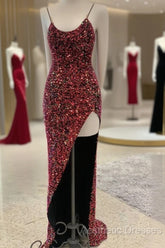 Sexy Iridescent Burgundy Sequin Evening Prom Dresses Straps Glitter Evening Dresses Uk